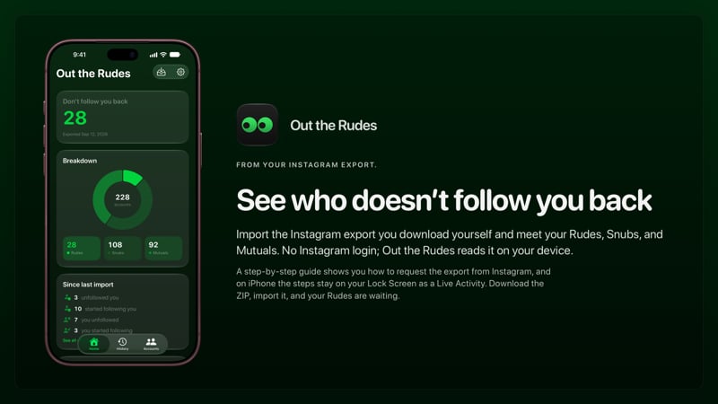 The Out the Rudes share image, showing the app on iPhone 18 Pro Max with its icon, name and headline for the Papermoon account, in the Green tint, dark appearance.