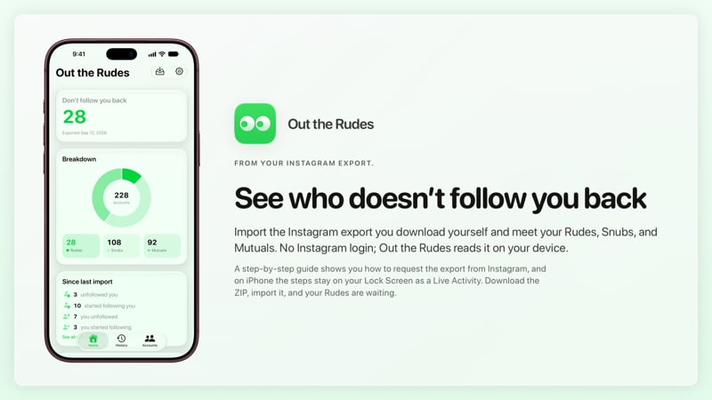 The Out the Rudes share image, showing the app on iPhone 18 Pro Max with its icon, name and headline for the Papermoon account, in the Green tint, light appearance.