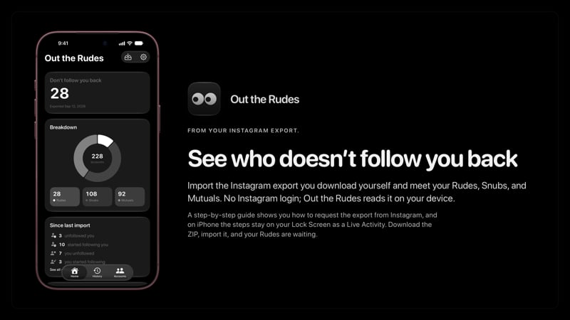 The Out the Rudes share image, showing the app on iPhone 18 Pro Max with its icon, name and headline for the Papermoon account, in the Grey tint, dark appearance.
