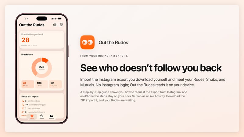 The Out the Rudes share image, showing the app on iPhone 18 Pro Max with its icon, name and headline for the Papermoon account, in the Orange tint, light appearance.