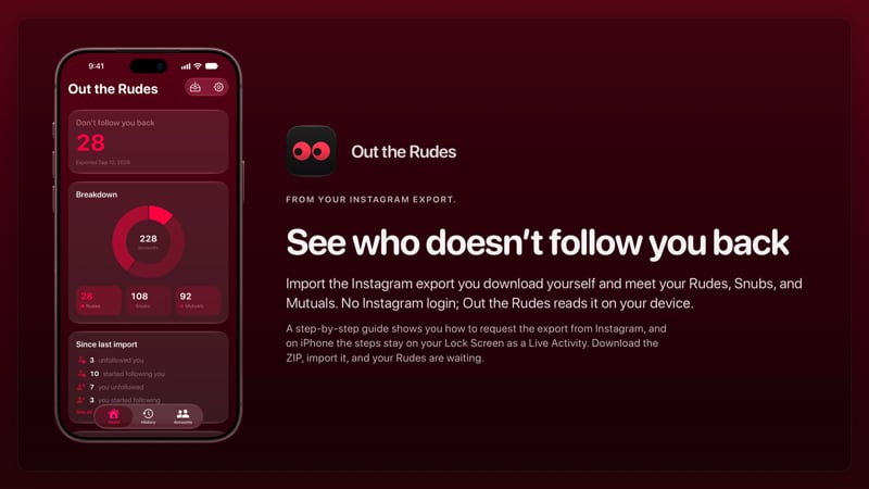 The Out the Rudes share image, showing the app on iPhone 18 Pro Max with its icon, name and headline for the Papermoon account, in the Pink tint, dark appearance.
