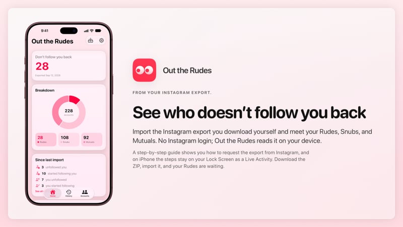 The Out the Rudes share image, showing the app on iPhone 18 Pro Max with its icon, name and headline for the Papermoon account, in the Pink tint, light appearance.