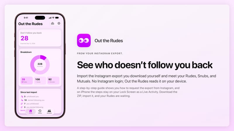 The Out the Rudes share image, showing the app on iPhone 18 Pro Max with its icon, name and headline for the Papermoon account, in the Purple tint, light appearance.