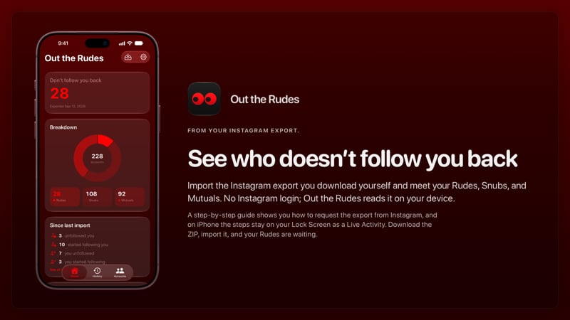 The Out the Rudes share image, showing the app on iPhone 18 Pro Max with its icon, name and headline for the Papermoon account, in the Red tint, dark appearance.