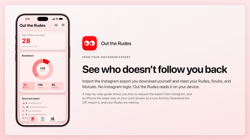 The Out the Rudes share image, showing the app on iPhone 18 Pro Max with its icon, name and headline for the Papermoon account, in the Red tint, light appearance.