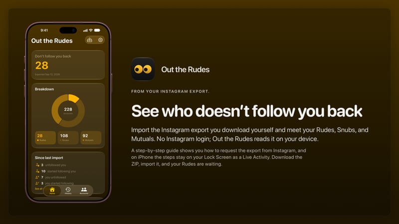 The Out the Rudes share image, showing the app on iPhone 18 Pro Max with its icon, name and headline for the Papermoon account, in the Yellow tint, dark appearance.