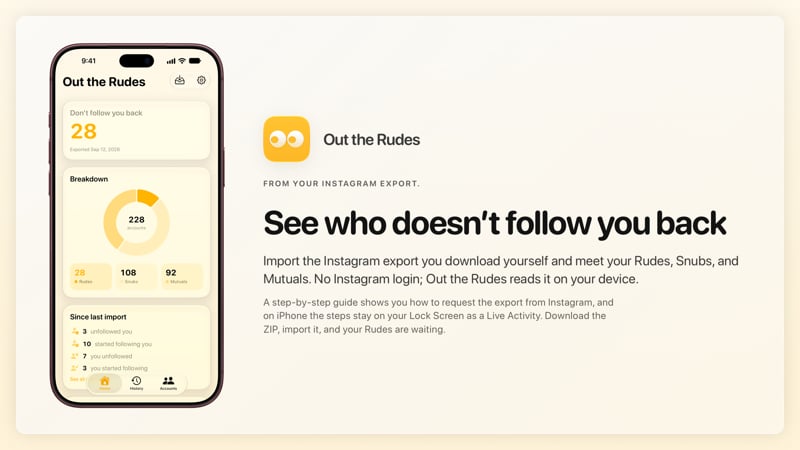 The Out the Rudes share image, showing the app on iPhone 18 Pro Max with its icon, name and headline for the Papermoon account, in the Yellow tint, light appearance.