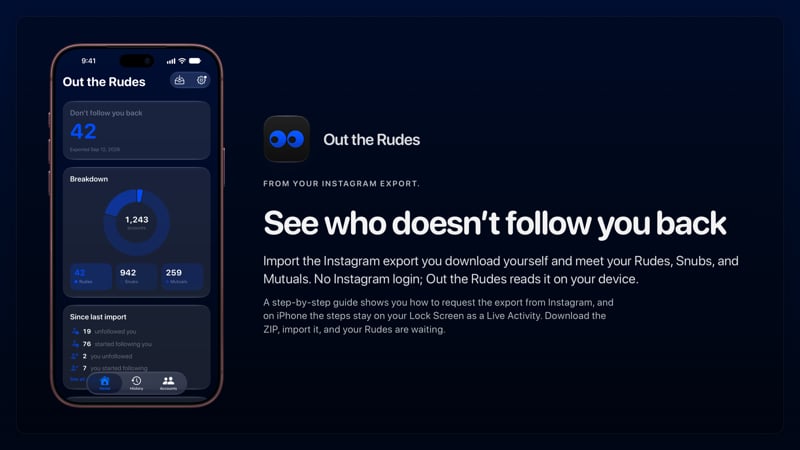 The Out the Rudes share image, showing the app on iPhone 18 Pro Max with its icon, name and headline for the Saltmarsh account, in the Blue tint, dark appearance.