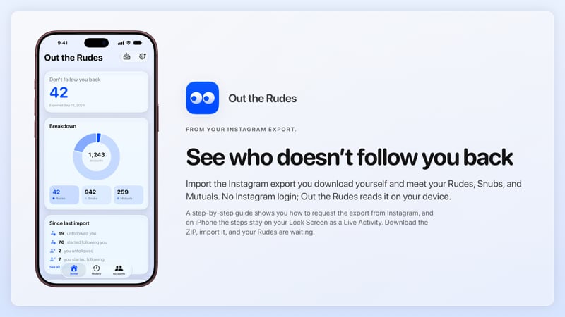 The Out the Rudes share image, showing the app on iPhone 18 Pro Max with its icon, name and headline for the Saltmarsh account, in the Blue tint, light appearance.