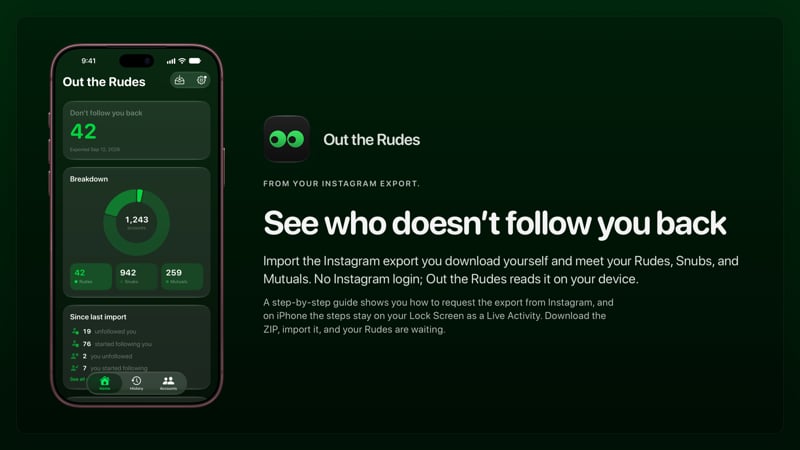 The Out the Rudes share image, showing the app on iPhone 18 Pro Max with its icon, name and headline for the Saltmarsh account, in the Green tint, dark appearance.