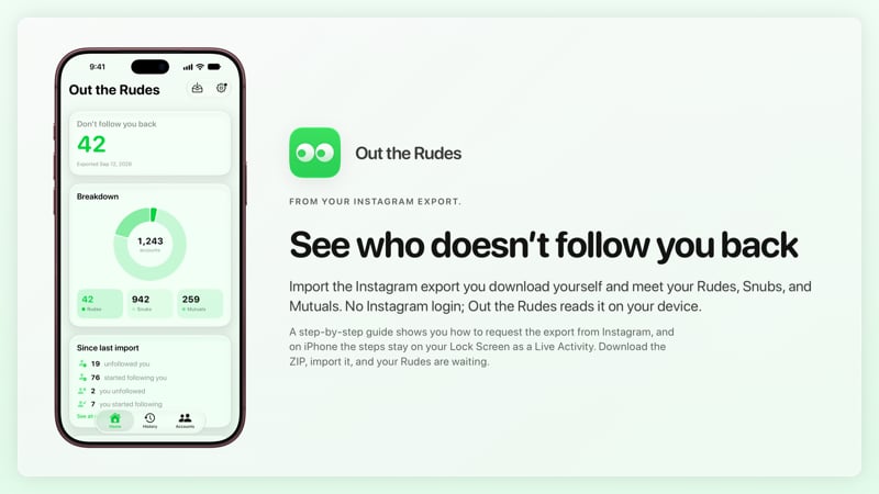 The Out the Rudes share image, showing the app on iPhone 18 Pro Max with its icon, name and headline for the Saltmarsh account, in the Green tint, light appearance.