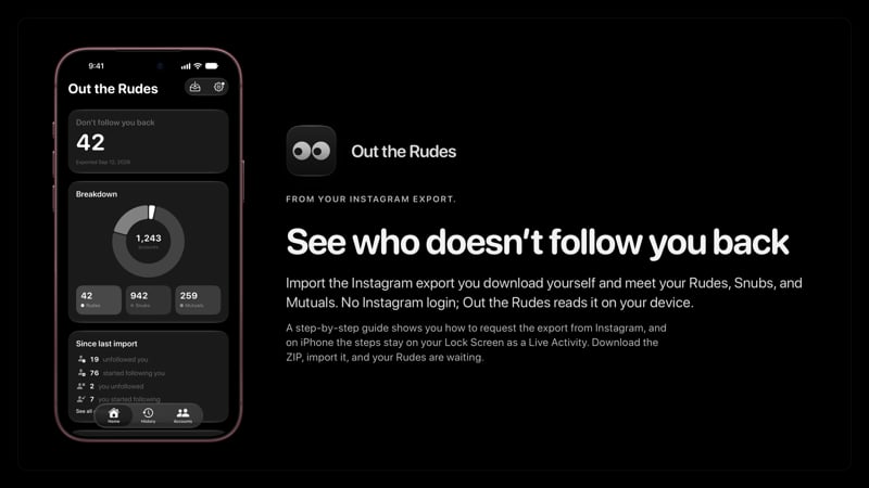 The Out the Rudes share image, showing the app on iPhone 18 Pro Max with its icon, name and headline for the Saltmarsh account, in the Grey tint, dark appearance.
