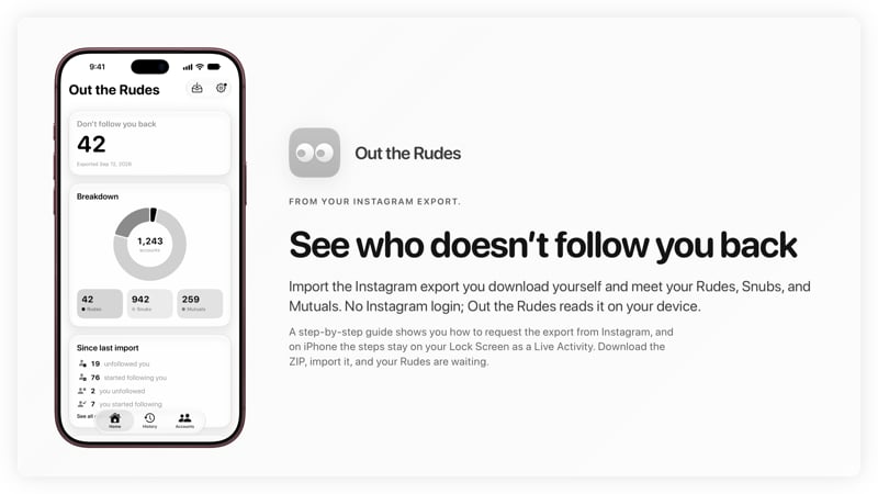 The Out the Rudes share image, showing the app on iPhone 18 Pro Max with its icon, name and headline for the Saltmarsh account, in the Grey tint, light appearance.
