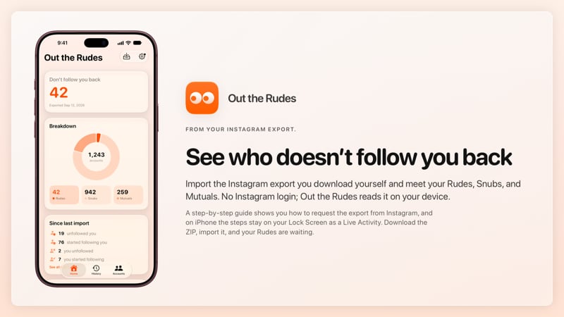 The Out the Rudes share image, showing the app on iPhone 18 Pro Max with its icon, name and headline for the Saltmarsh account, in the Orange tint, light appearance.