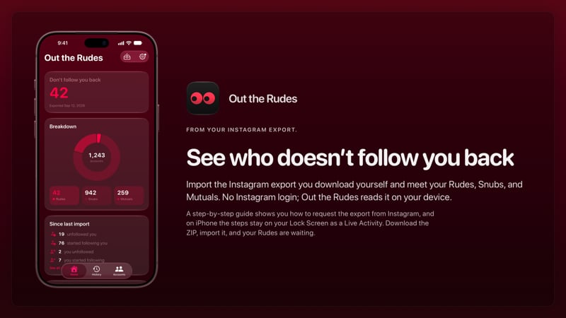 The Out the Rudes share image, showing the app on iPhone 18 Pro Max with its icon, name and headline for the Saltmarsh account, in the Pink tint, dark appearance.