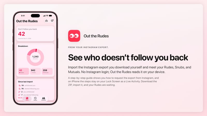 The Out the Rudes share image, showing the app on iPhone 18 Pro Max with its icon, name and headline for the Saltmarsh account, in the Pink tint, light appearance.