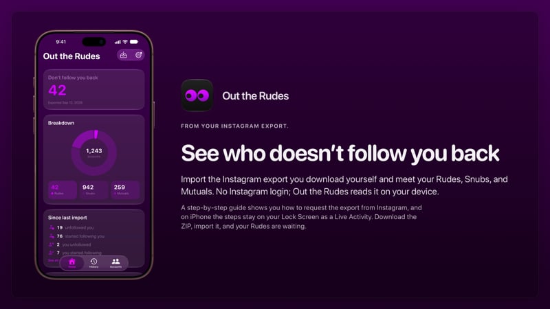 The Out the Rudes share image, showing the app on iPhone 18 Pro Max with its icon, name and headline for the Saltmarsh account, in the Purple tint, dark appearance.