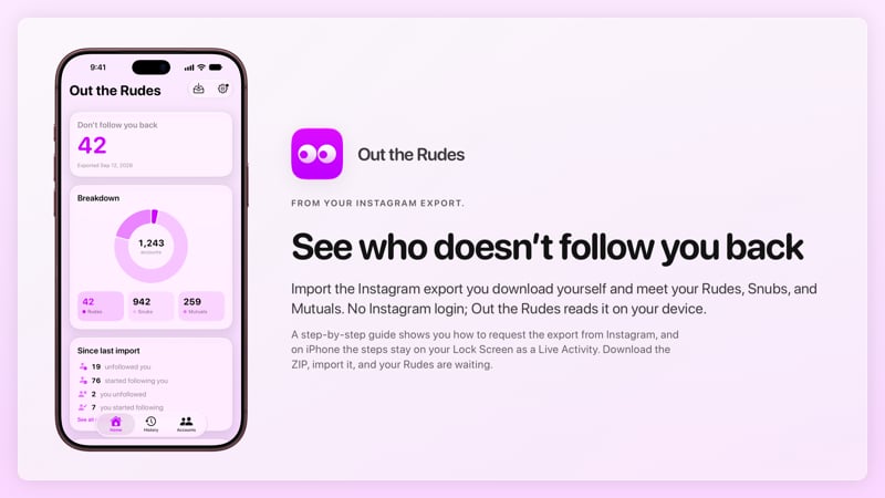 The Out the Rudes share image, showing the app on iPhone 18 Pro Max with its icon, name and headline for the Saltmarsh account, in the Purple tint, light appearance.