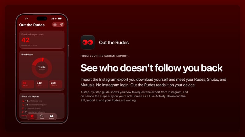 The Out the Rudes share image, showing the app on iPhone 18 Pro Max with its icon, name and headline for the Saltmarsh account, in the Red tint, dark appearance.