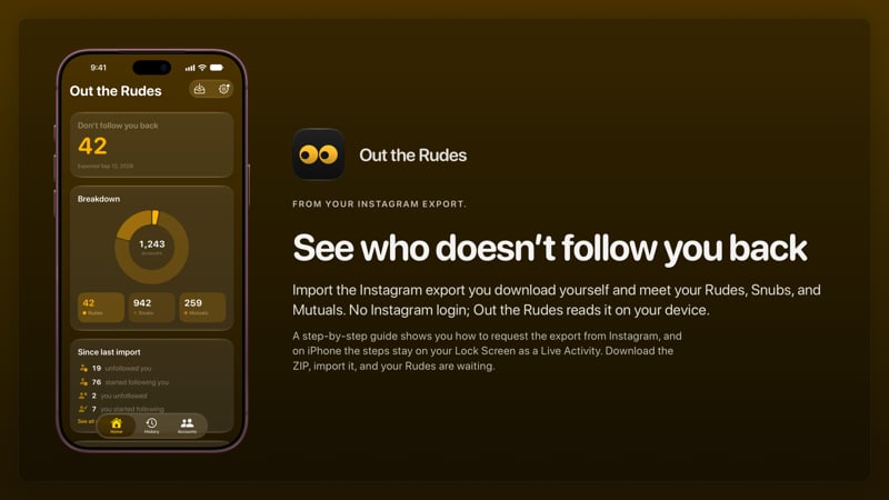 The Out the Rudes share image, showing the app on iPhone 18 Pro Max with its icon, name and headline for the Saltmarsh account, in the Yellow tint, dark appearance.