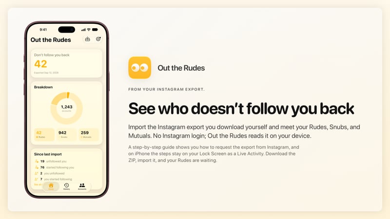 The Out the Rudes share image, showing the app on iPhone 18 Pro Max with its icon, name and headline for the Saltmarsh account, in the Yellow tint, light appearance.