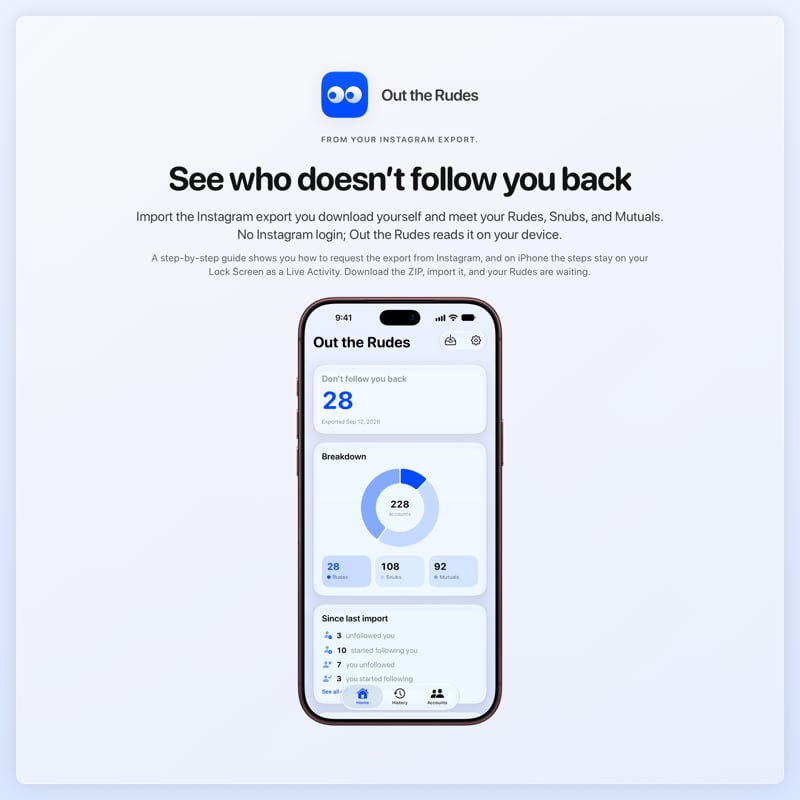 The Out the Rudes share image, showing the app on iPhone 18 Pro Max with its icon, name and headline for the Papermoon account, in the Blue tint, light appearance.