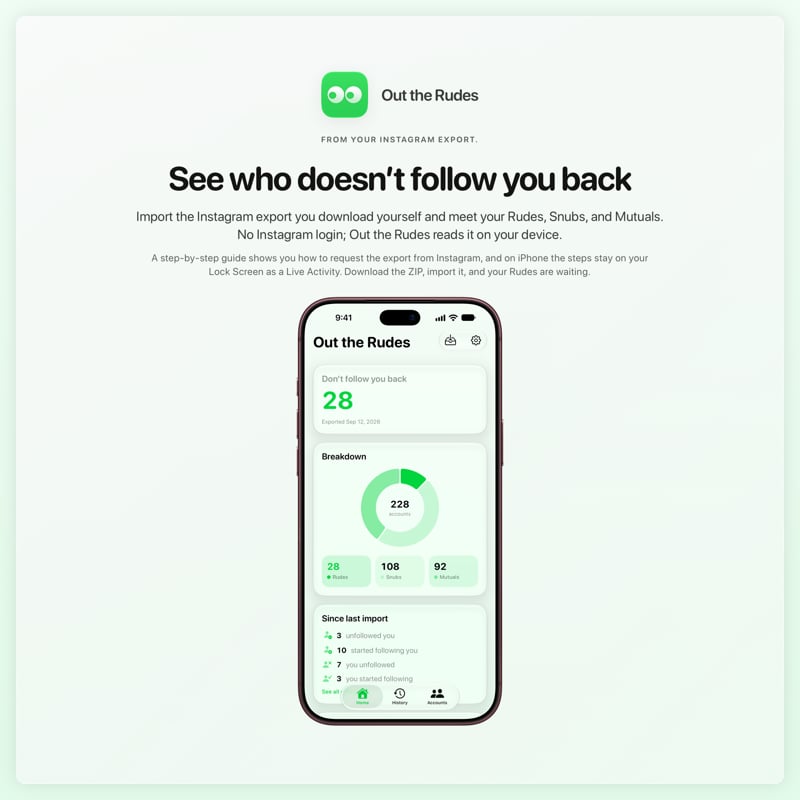 The Out the Rudes share image, showing the app on iPhone 18 Pro Max with its icon, name and headline for the Papermoon account, in the Green tint, light appearance.