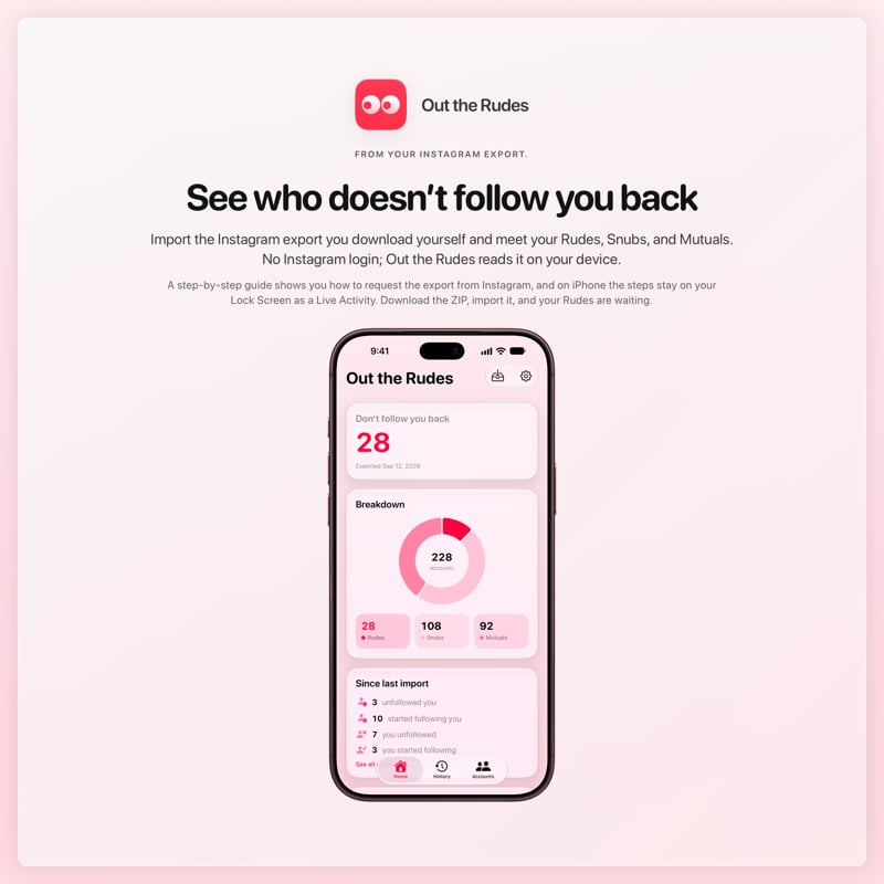 The Out the Rudes share image, showing the app on iPhone 18 Pro Max with its icon, name and headline for the Papermoon account, in the Pink tint, light appearance.