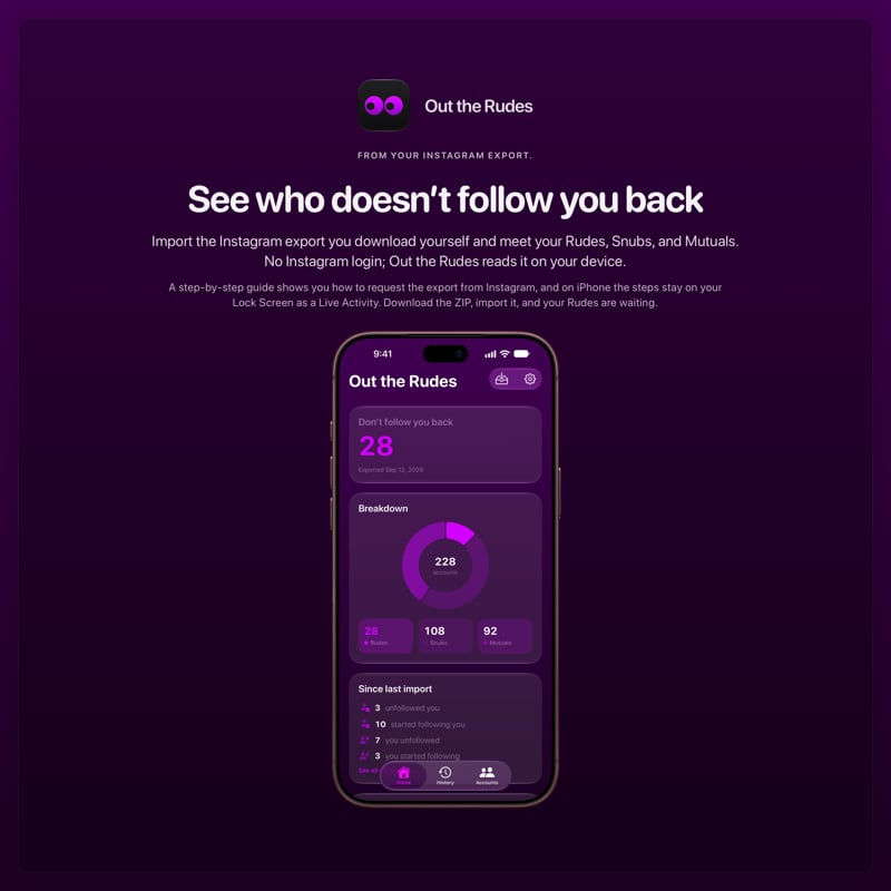 The Out the Rudes share image, showing the app on iPhone 18 Pro Max with its icon, name and headline for the Papermoon account, in the Purple tint, dark appearance.