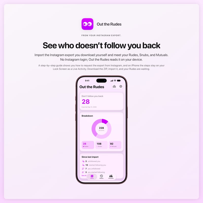 The Out the Rudes share image, showing the app on iPhone 18 Pro Max with its icon, name and headline for the Papermoon account, in the Purple tint, light appearance.