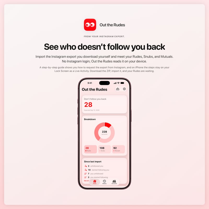 The Out the Rudes share image, showing the app on iPhone 18 Pro Max with its icon, name and headline for the Papermoon account, in the Red tint, light appearance.