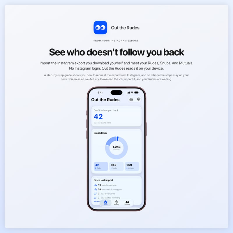 The Out the Rudes share image, showing the app on iPhone 18 Pro Max with its icon, name and headline for the Saltmarsh account, in the Blue tint, light appearance.