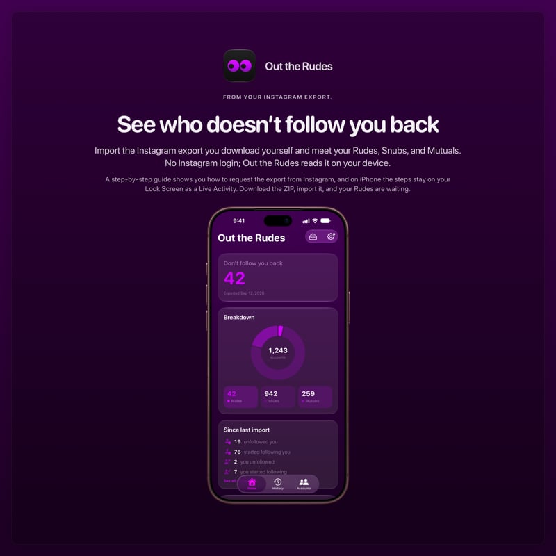 The Out the Rudes share image, showing the app on iPhone 18 Pro Max with its icon, name and headline for the Saltmarsh account, in the Purple tint, dark appearance.