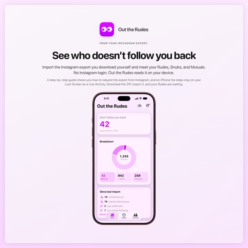 The Out the Rudes share image, showing the app on iPhone 18 Pro Max with its icon, name and headline for the Saltmarsh account, in the Purple tint, light appearance.