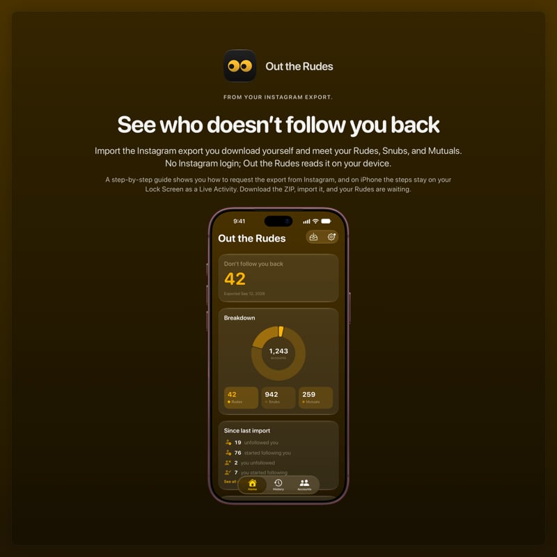 The Out the Rudes share image, showing the app on iPhone 18 Pro Max with its icon, name and headline for the Saltmarsh account, in the Yellow tint, dark appearance.