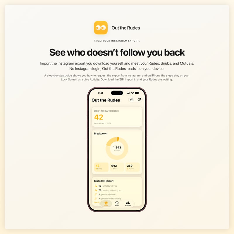 The Out the Rudes share image, showing the app on iPhone 18 Pro Max with its icon, name and headline for the Saltmarsh account, in the Yellow tint, light appearance.