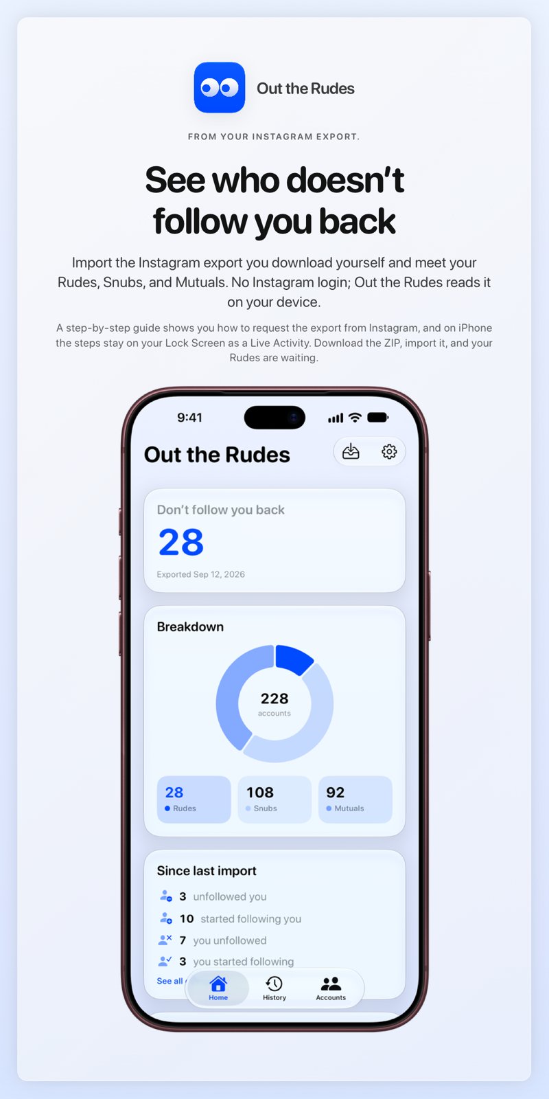 The Out the Rudes share image, showing the app on iPhone 18 Pro Max with its icon, name and headline for the Papermoon account, in the Blue tint, light appearance.