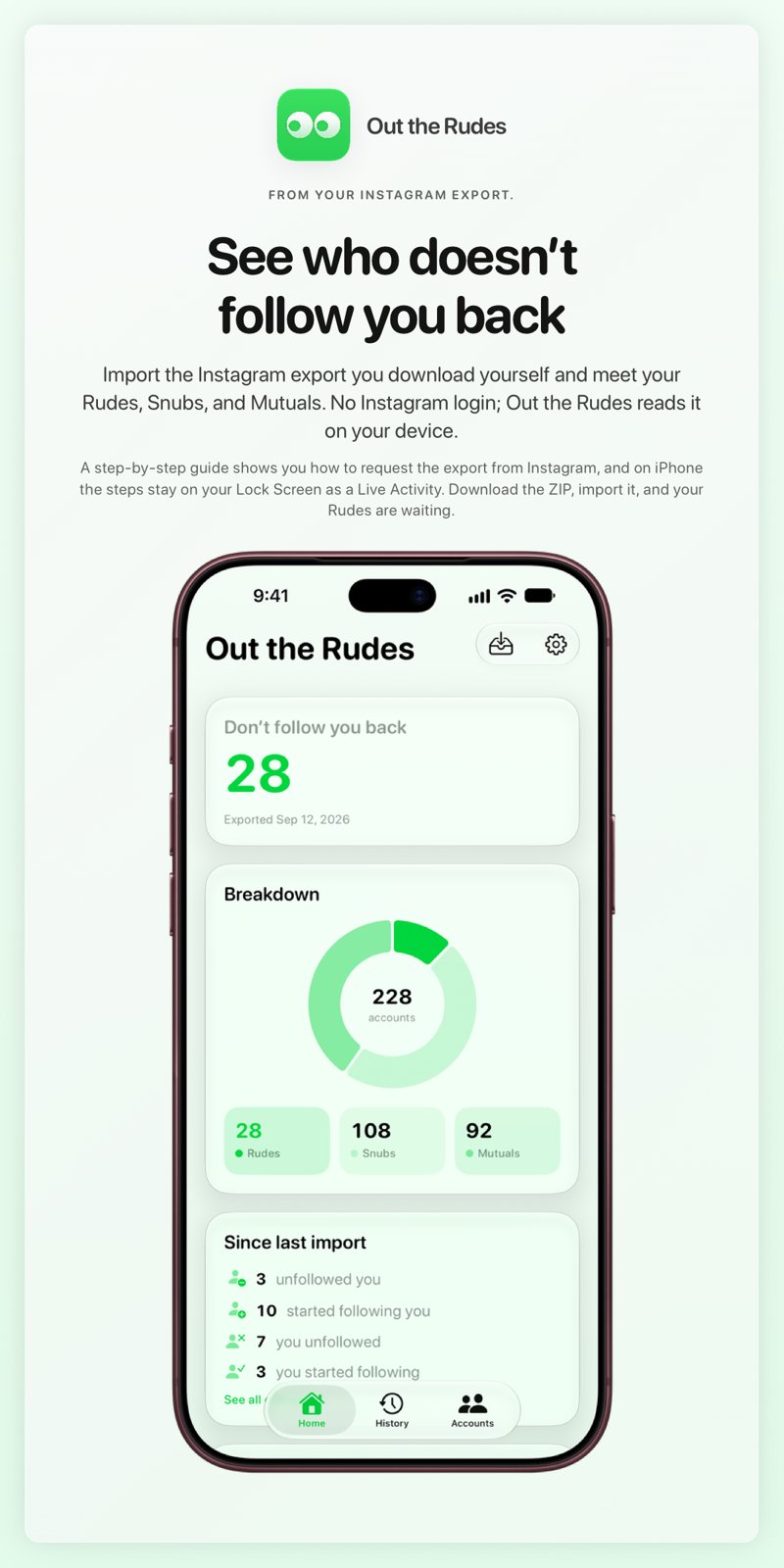 The Out the Rudes share image, showing the app on iPhone 18 Pro Max with its icon, name and headline for the Papermoon account, in the Green tint, light appearance.