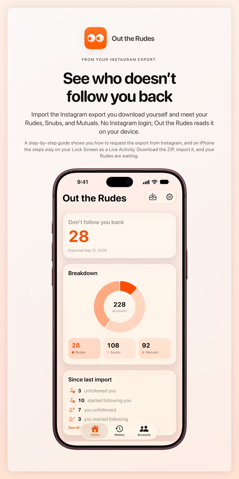 The Out the Rudes share image, showing the app on iPhone 18 Pro Max with its icon, name and headline for the Papermoon account, in the Orange tint, light appearance.
