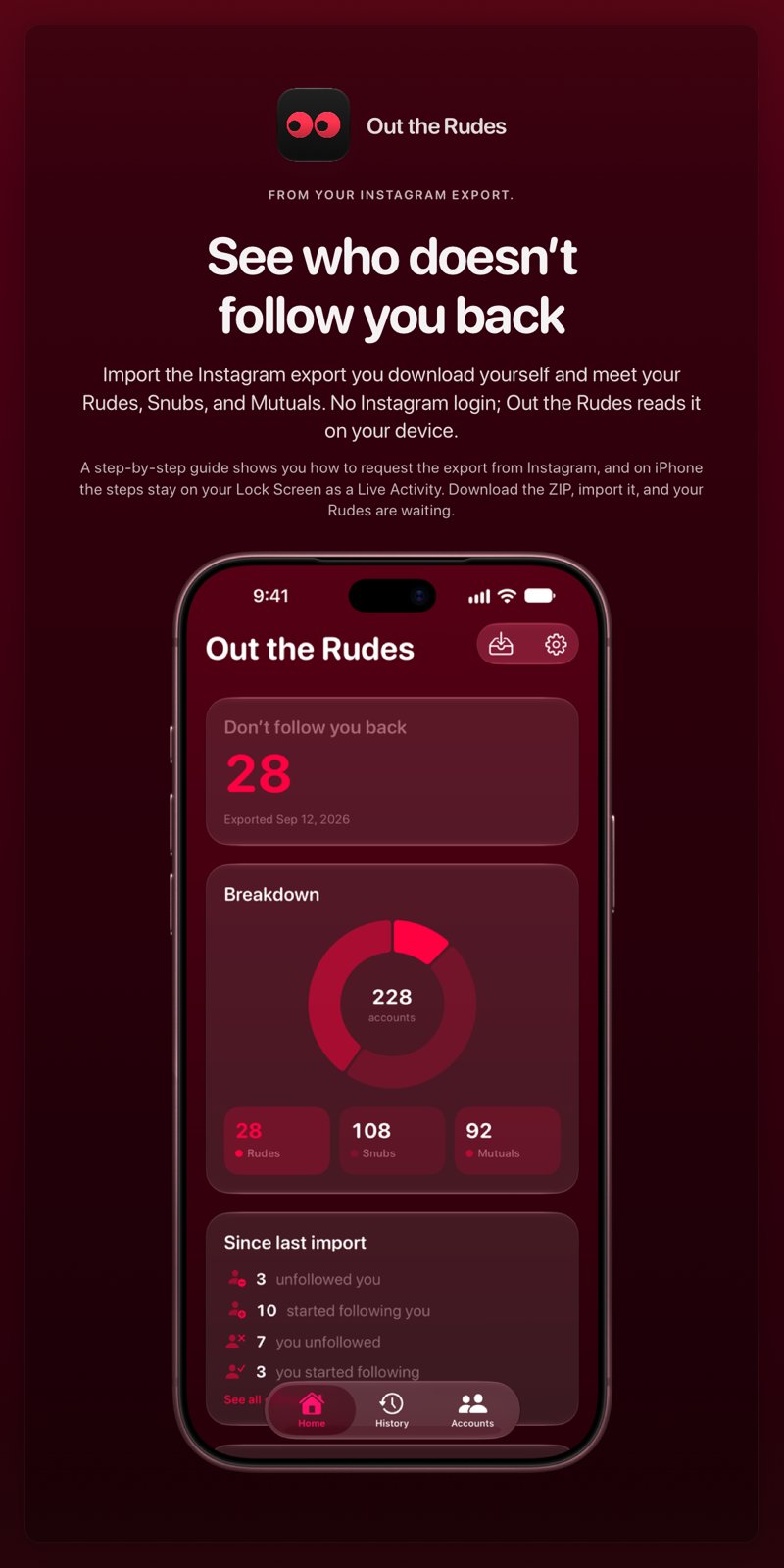 The Out the Rudes share image, showing the app on iPhone 18 Pro Max with its icon, name and headline for the Papermoon account, in the Pink tint, dark appearance.