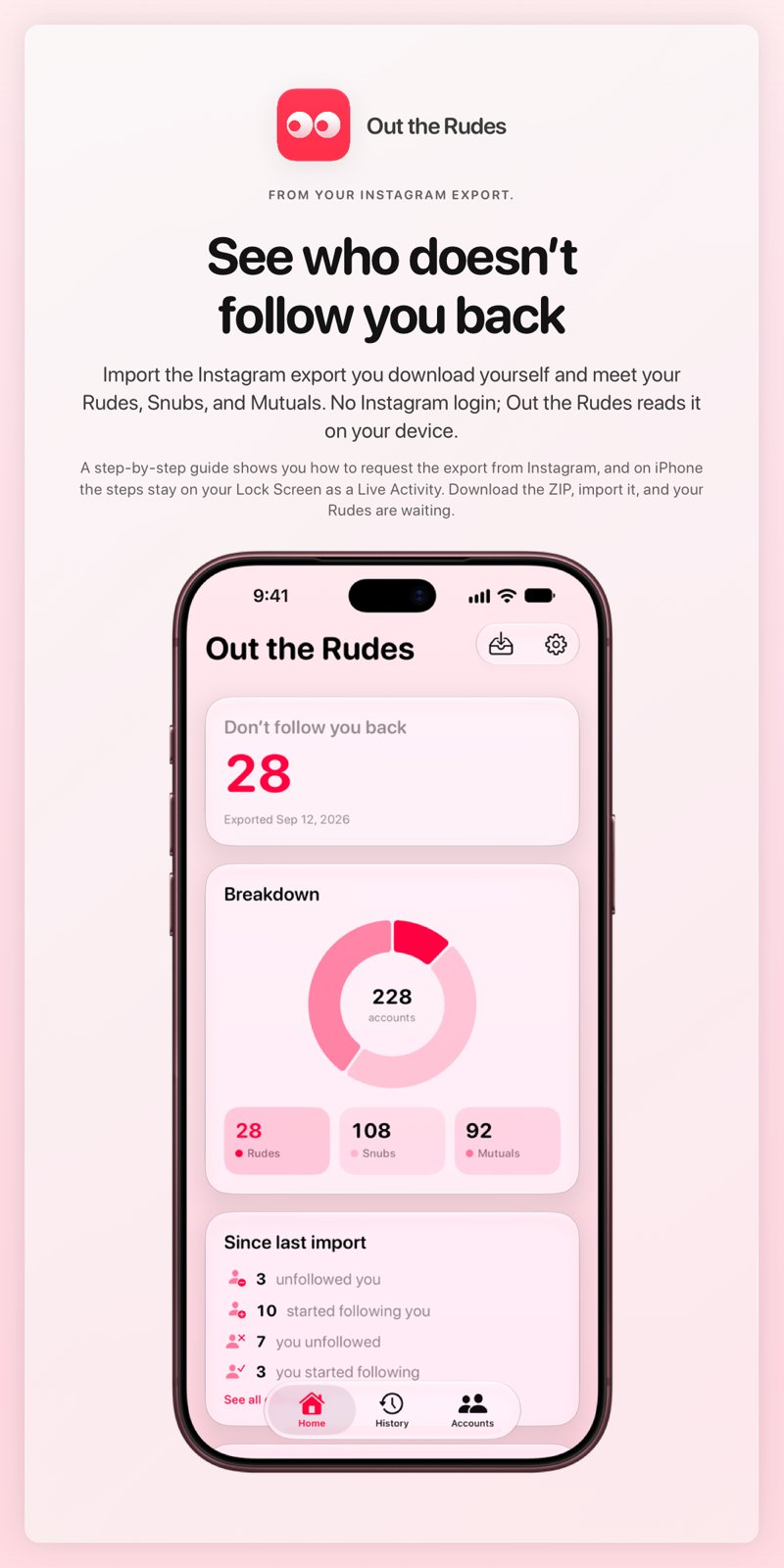 The Out the Rudes share image, showing the app on iPhone 18 Pro Max with its icon, name and headline for the Papermoon account, in the Pink tint, light appearance.