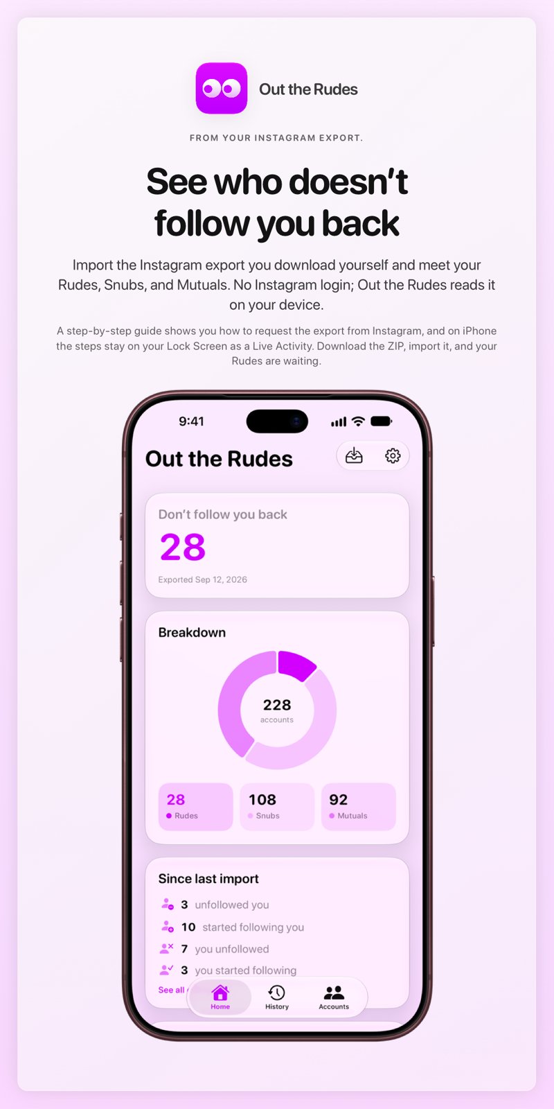 The Out the Rudes share image, showing the app on iPhone 18 Pro Max with its icon, name and headline for the Papermoon account, in the Purple tint, light appearance.