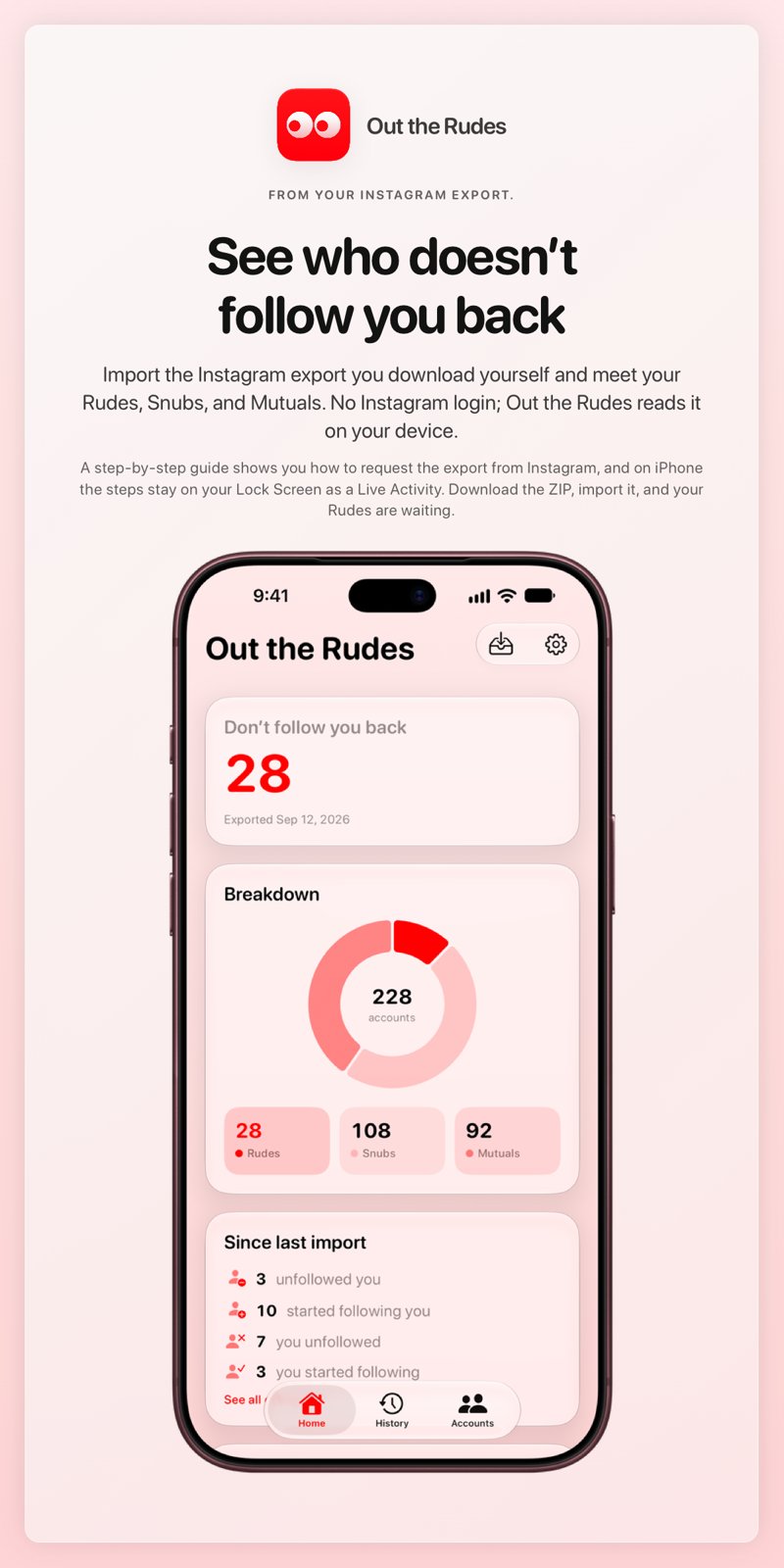 The Out the Rudes share image, showing the app on iPhone 18 Pro Max with its icon, name and headline for the Papermoon account, in the Red tint, light appearance.
