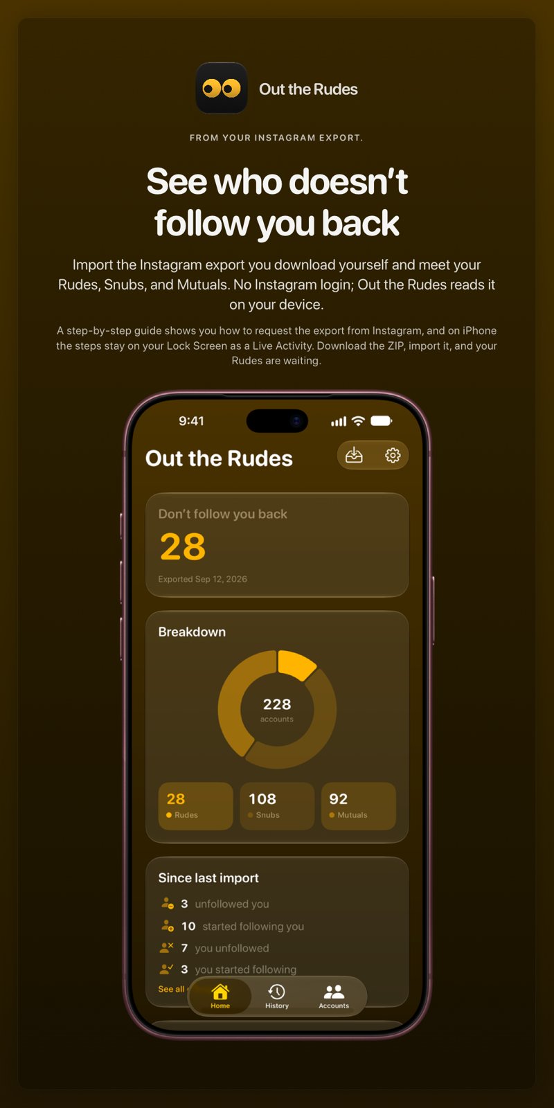 The Out the Rudes share image, showing the app on iPhone 18 Pro Max with its icon, name and headline for the Papermoon account, in the Yellow tint, dark appearance.