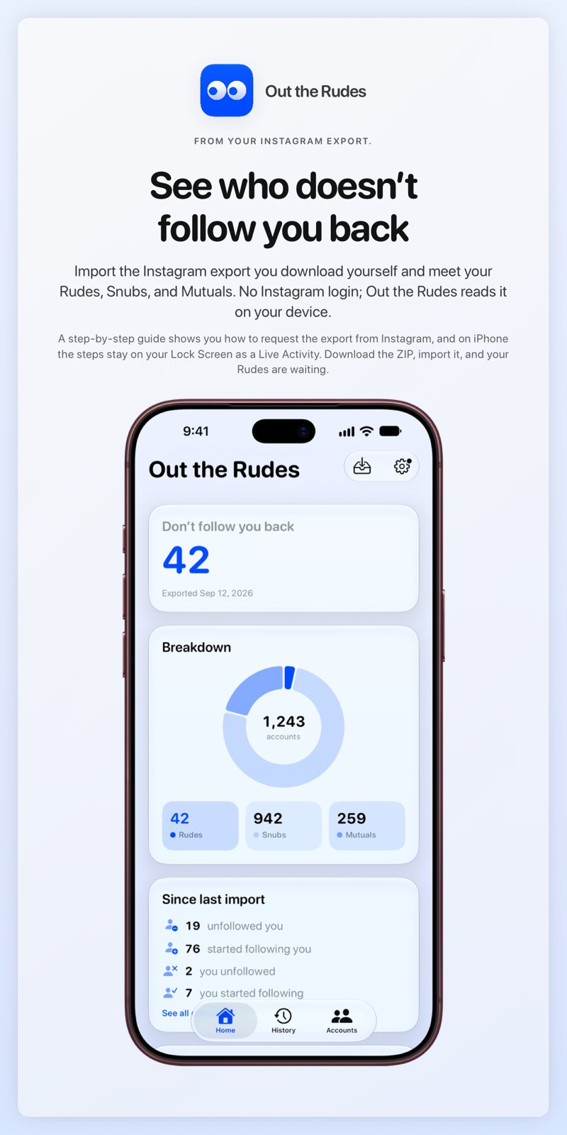 The Out the Rudes share image, showing the app on iPhone 18 Pro Max with its icon, name and headline for the Saltmarsh account, in the Blue tint, light appearance.