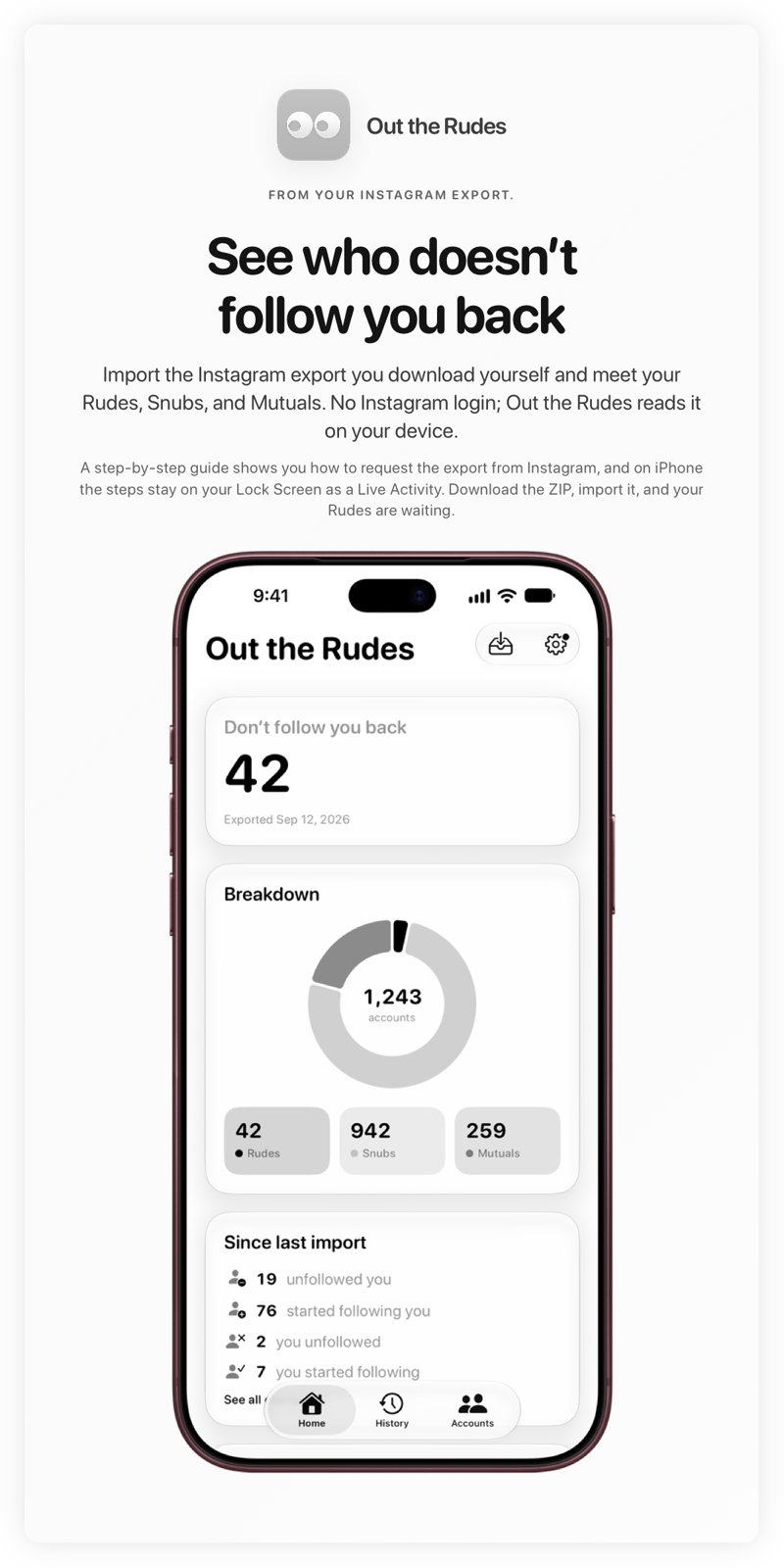 The Out the Rudes share image, showing the app on iPhone 18 Pro Max with its icon, name and headline for the Saltmarsh account, in the Grey tint, light appearance.