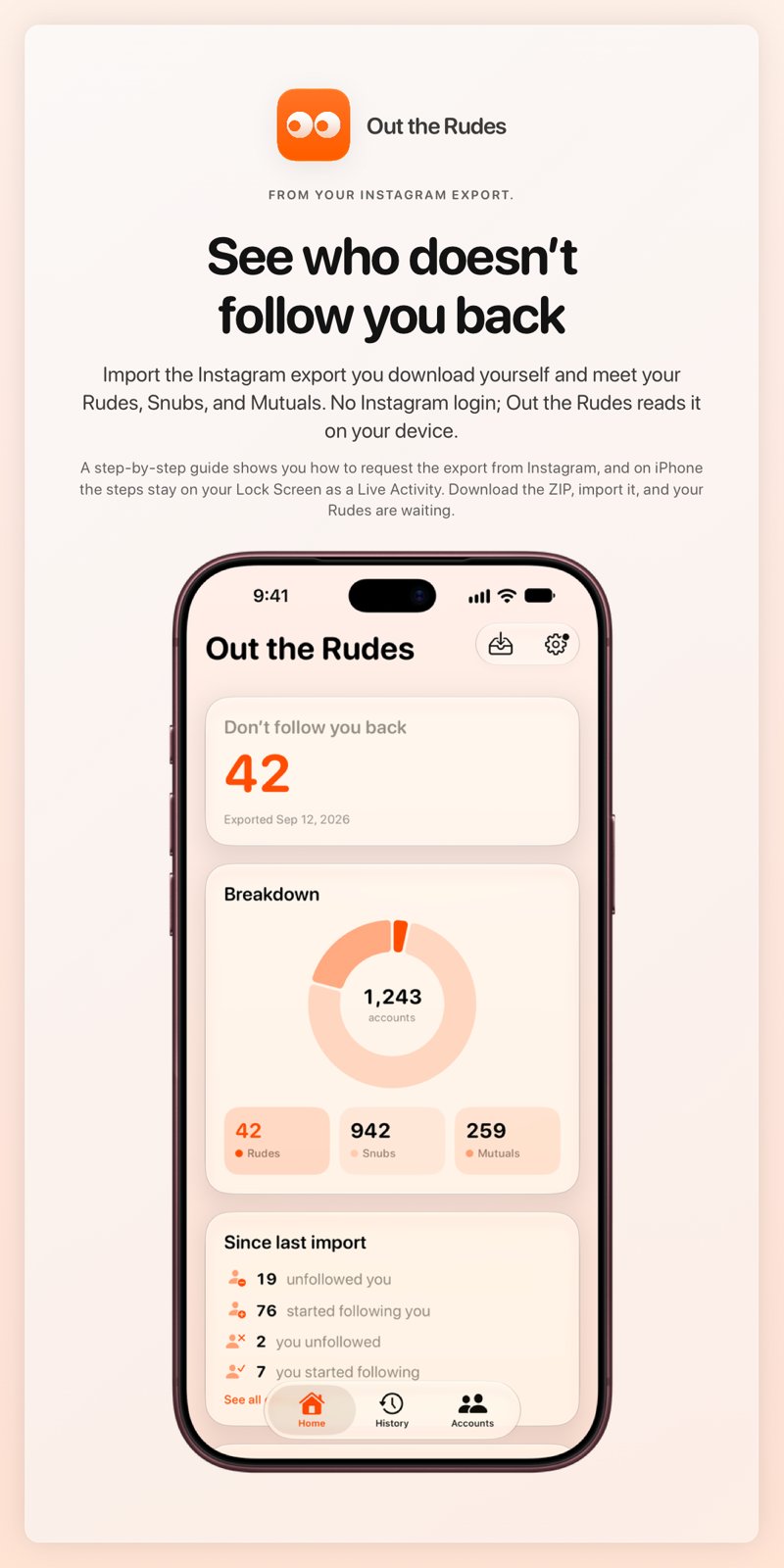 The Out the Rudes share image, showing the app on iPhone 18 Pro Max with its icon, name and headline for the Saltmarsh account, in the Orange tint, light appearance.