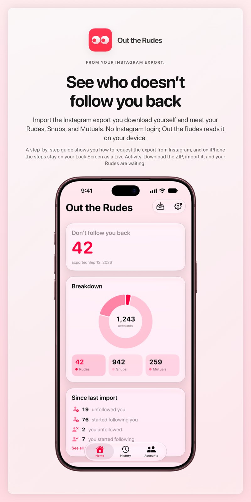 The Out the Rudes share image, showing the app on iPhone 18 Pro Max with its icon, name and headline for the Saltmarsh account, in the Pink tint, light appearance.