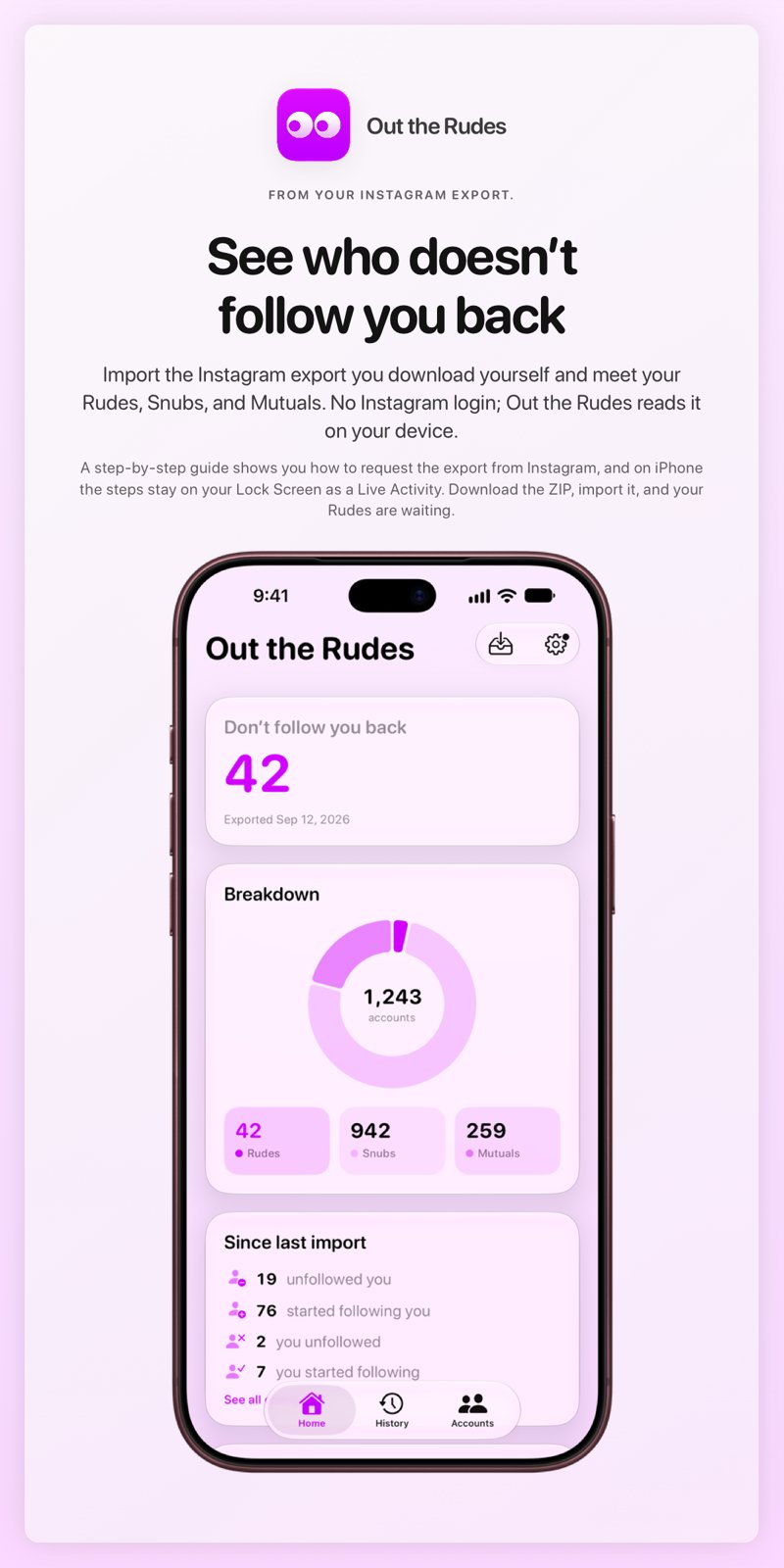 The Out the Rudes share image, showing the app on iPhone 18 Pro Max with its icon, name and headline for the Saltmarsh account, in the Purple tint, light appearance.