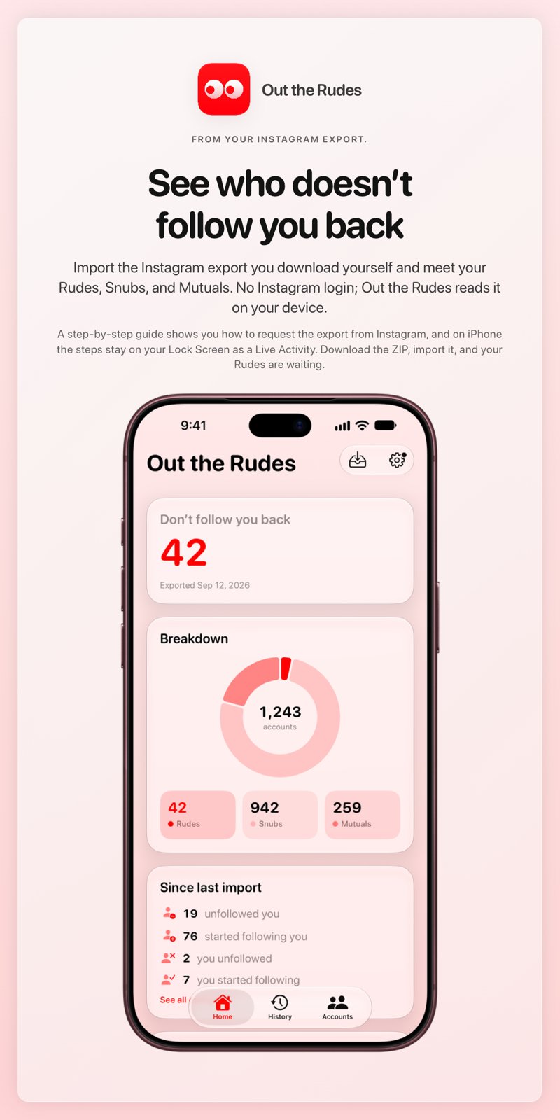 The Out the Rudes share image, showing the app on iPhone 18 Pro Max with its icon, name and headline for the Saltmarsh account, in the Red tint, light appearance.